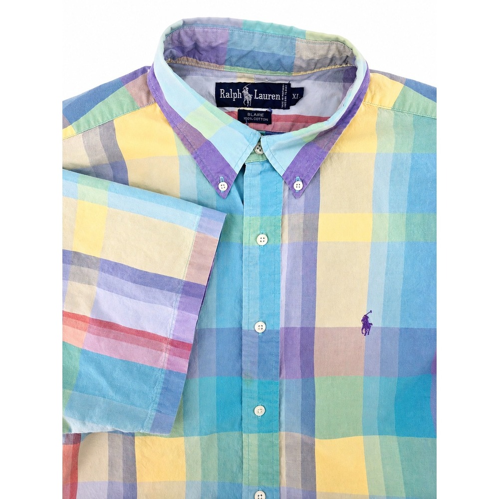 Ralph Lauren Blaire Shirt Mens XL Plaid Cotton Short Sleeve Pastel Heritage Blue